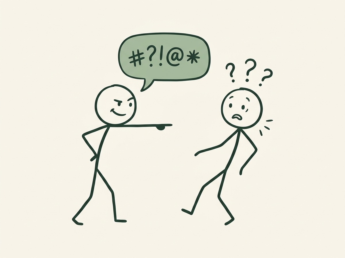 Illustration: Eine Person feuert mit ausgestrecktem Finger einen Spruch ab, dargestellt als Sprechblase mit den Zeichen #?!@*. Die andere Person steht perplex daneben, Fragezeichen über dem Kopf.